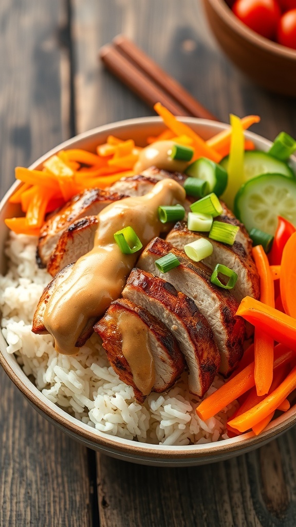 A colorful chicken bowl with peanut sauce, rice, and fresh vegetables on a rustic table.
